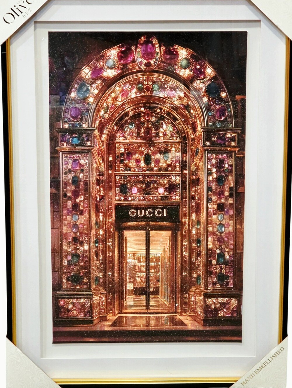 Oliver Art Gucci Jeweled Storefront Glitter Embellished Framed Wall Decor